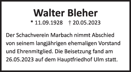 Traueranzeige von Walter Bleher von Marbacher Zeitung