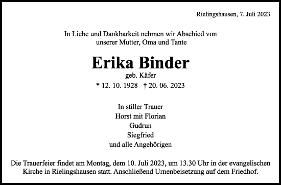 Traueranzeige von Erika Binder von Marbacher Zeitung