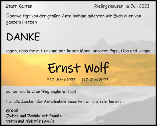 Traueranzeige von Ernst Wolf von Marbacher Zeitung