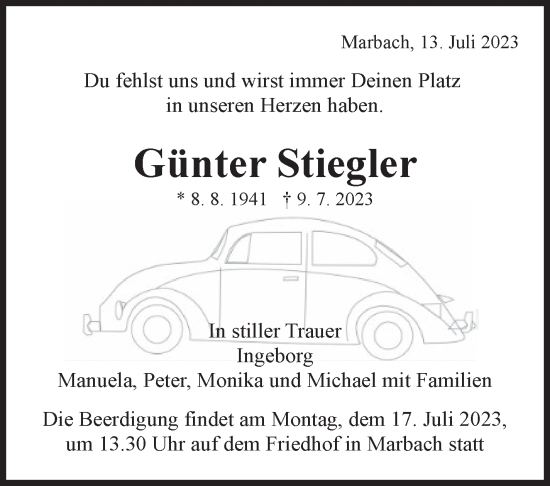 Traueranzeige von Günter Stiegler von Marbacher Zeitung