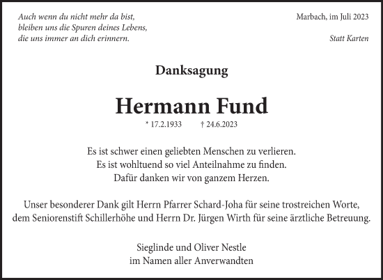 Traueranzeige von Hermann Fund von Marbacher Zeitung