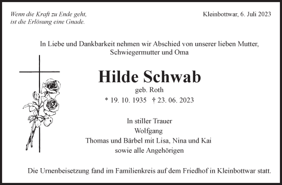Traueranzeige von Hilde Schwab von Marbacher Zeitung