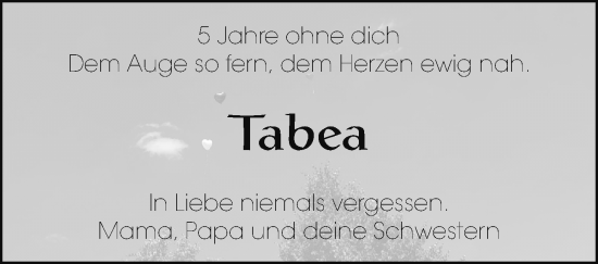 Traueranzeige von Tabea  von Marbacher Zeitung