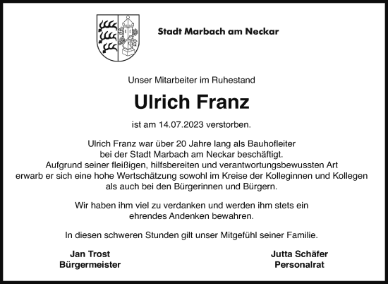 Traueranzeige von Ulrich Franz von Marbacher Zeitung