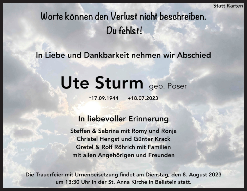  Traueranzeige für Ute Sturm vom 28.07.2023 aus Marbacher Zeitung