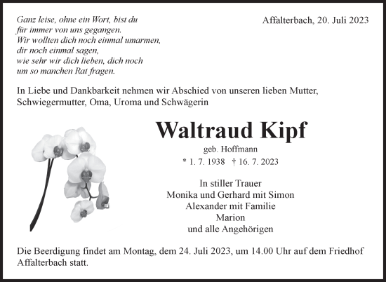Traueranzeige von Waltraud Kipf von Marbacher Zeitung