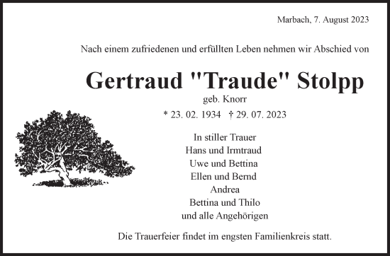 Traueranzeige von Gertraud Stolpp von Marbacher Zeitung