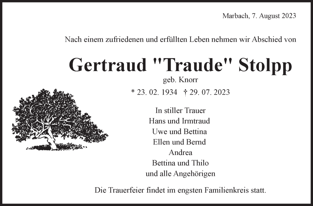  Traueranzeige für Gertraud Stolpp vom 07.08.2023 aus Marbacher Zeitung