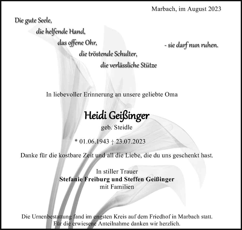  Traueranzeige für Heidi Geißinger vom 09.08.2023 aus Marbacher Zeitung