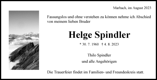 Traueranzeige von Helge Spindler von Marbacher Zeitung