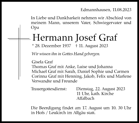 Traueranzeige von Hermann Josef Graf von Marbacher Zeitung