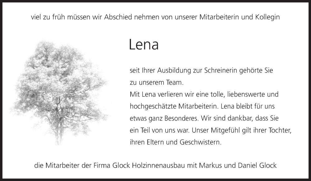  Traueranzeige für Lena  vom 18.08.2023 aus Marbacher Zeitung