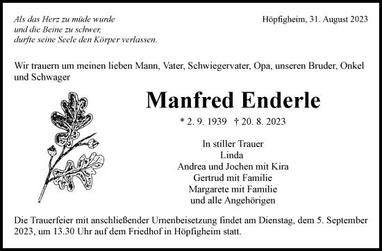 Traueranzeige von Manfred Enderle von Marbacher Zeitung