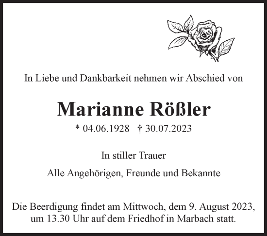 Traueranzeige von Marianne Rößler von Marbacher Zeitung
