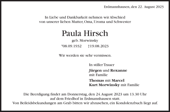 Traueranzeige von Paula Hirsch von Marbacher Zeitung