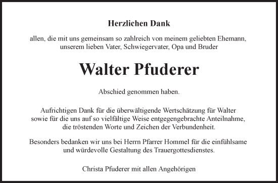 Traueranzeige von Walter Pfuderer von Marbacher Zeitung