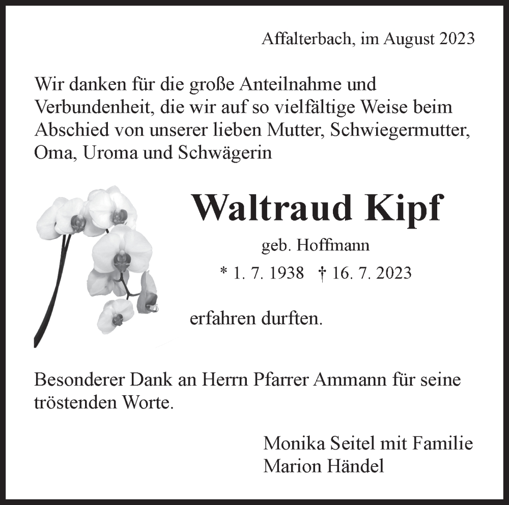  Traueranzeige für Waltraud Kipf vom 08.08.2023 aus Marbacher Zeitung