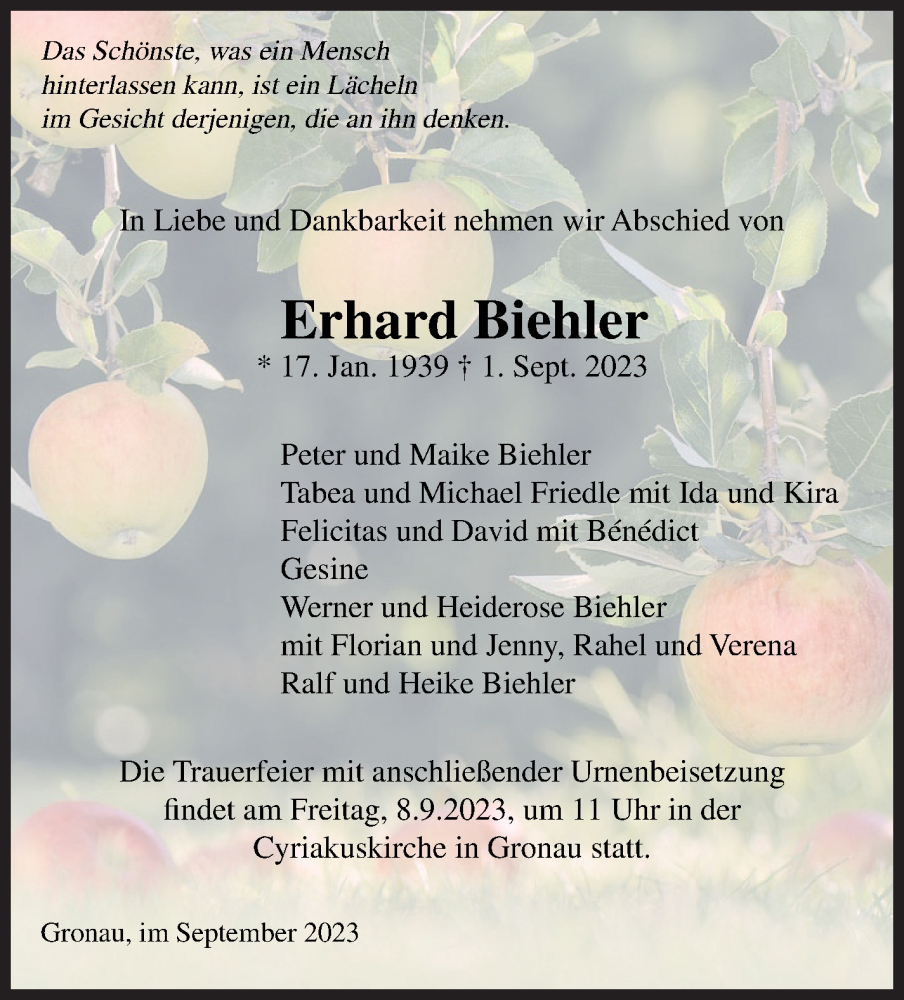  Traueranzeige für Erhard Biehler vom 06.09.2023 aus Marbacher Zeitung