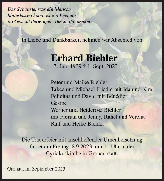 Traueranzeige von Erhard Biehler von Marbacher Zeitung