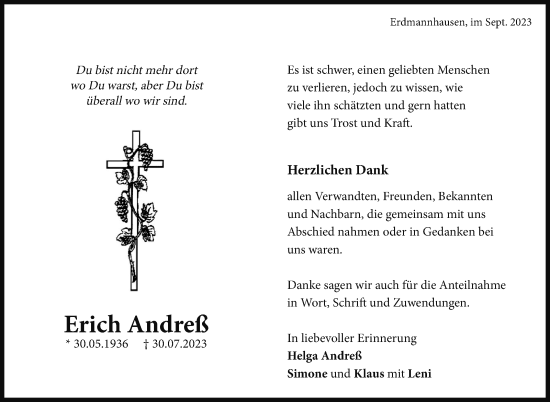 Traueranzeige von Erich Andreß von Marbacher Zeitung