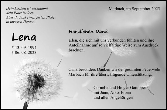 Traueranzeige von Lena Eggert von Marbacher Zeitung