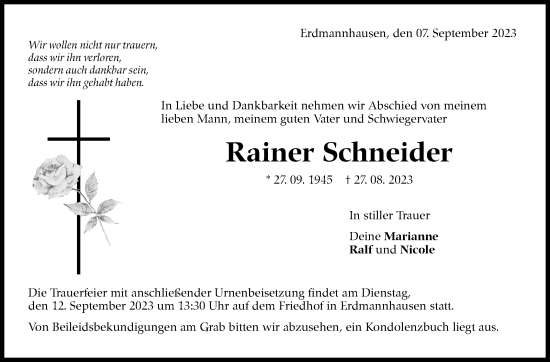 Traueranzeige von Rainer Schneider von Marbacher Zeitung