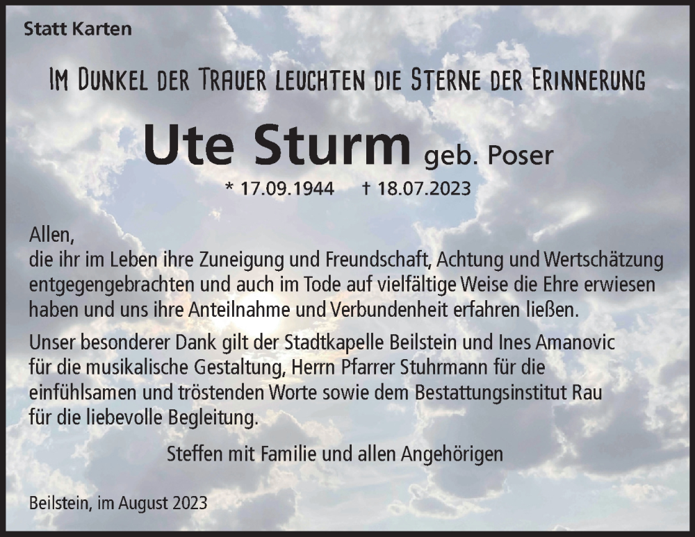  Traueranzeige für Ute Sturm vom 05.09.2023 aus Marbacher Zeitung