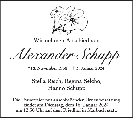 Traueranzeige von Alexander Schupp von Marbacher Zeitung