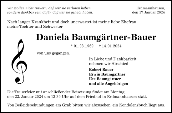 Traueranzeige von Daniela Baumgärtner-Bauer von Marbacher Zeitung