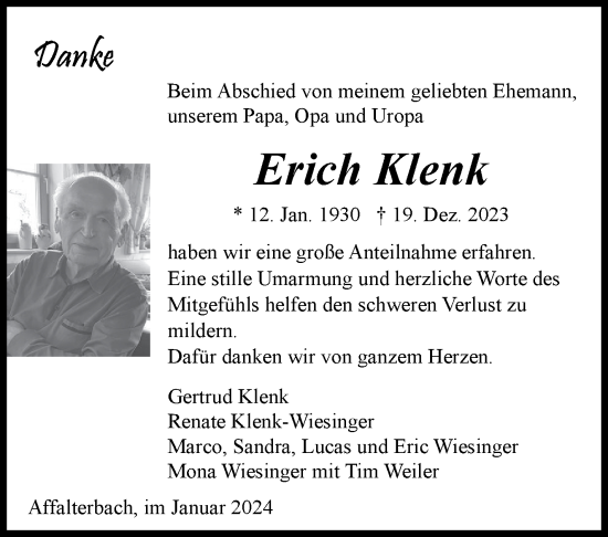 Traueranzeige von Erich Klenk von Marbacher Zeitung
