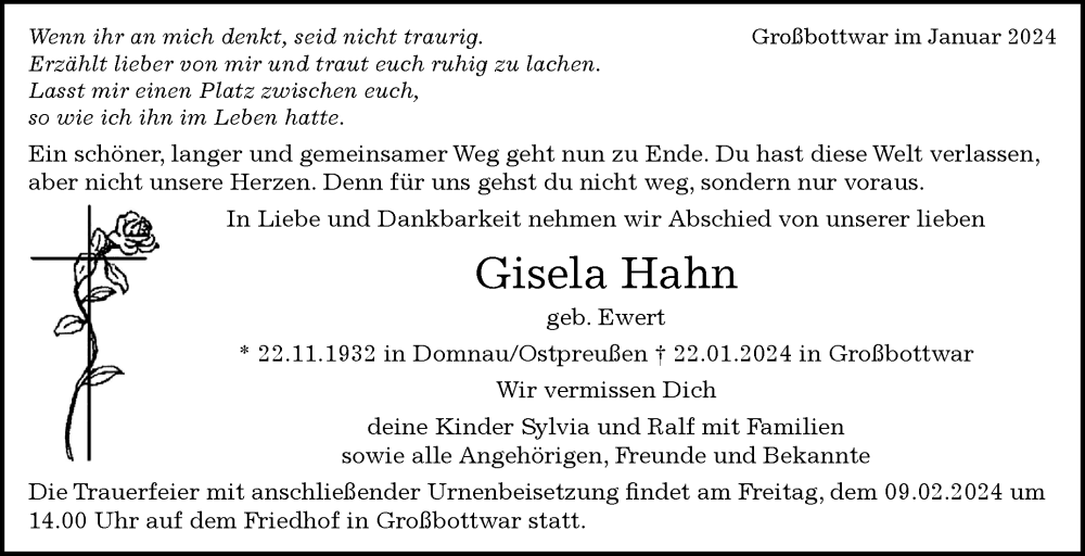  Traueranzeige für Gisela Hahn vom 31.01.2024 aus Marbacher Zeitung