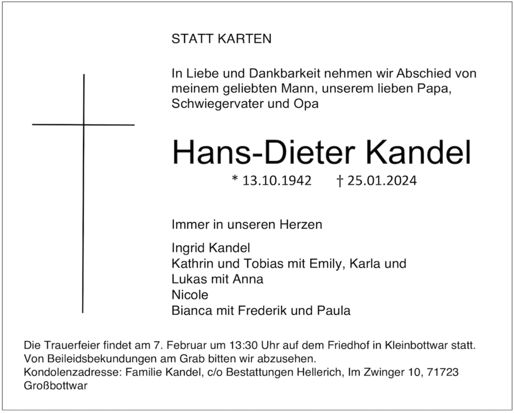  Traueranzeige für Hans-Dieter Kandel vom 31.01.2024 aus Marbacher Zeitung