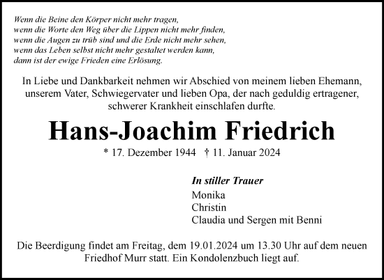 Traueranzeige von Hans-Joachim Friedrich von Marbacher Zeitung