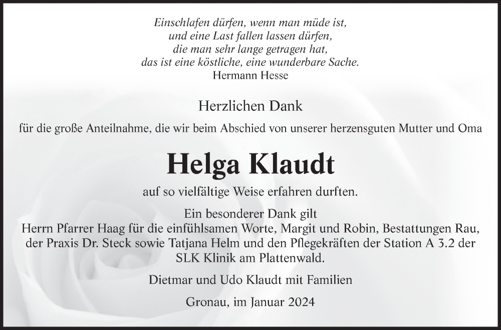  Traueranzeige für Helga Klaudt vom 26.01.2024 aus Marbacher Zeitung