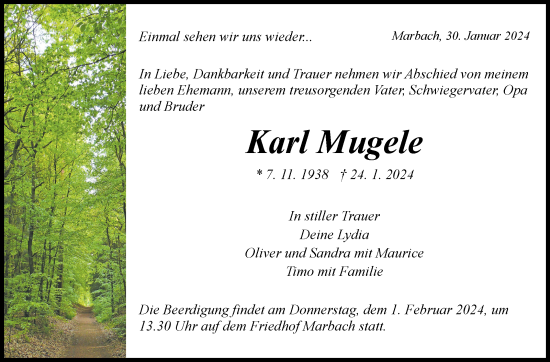 Traueranzeige von Karl Mugele von Marbacher Zeitung
