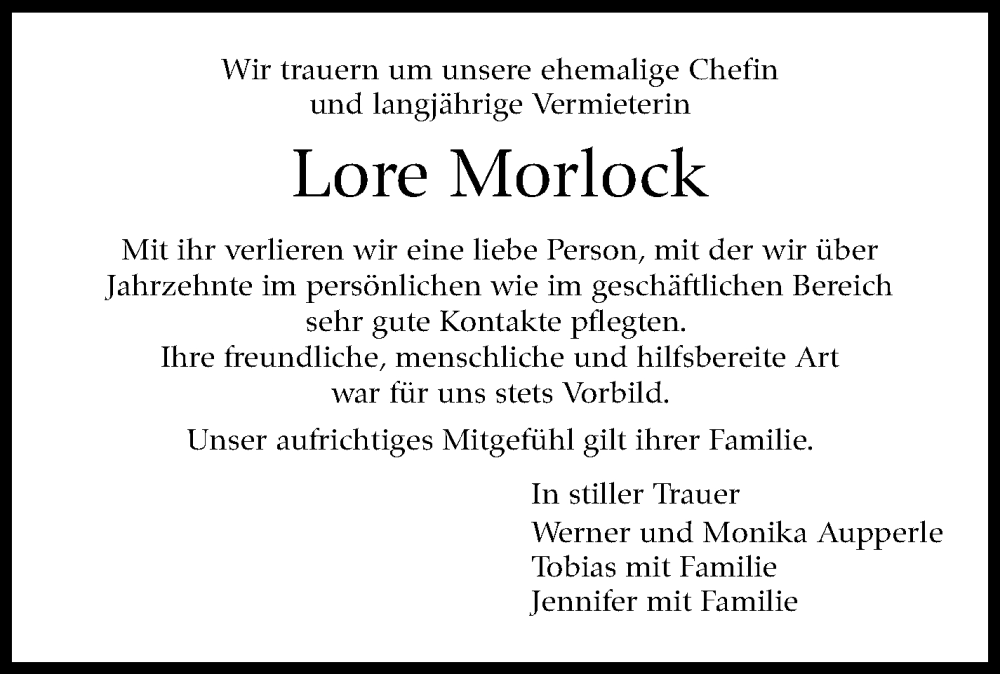  Traueranzeige für Lore Morlock vom 08.01.2024 aus Marbacher Zeitung