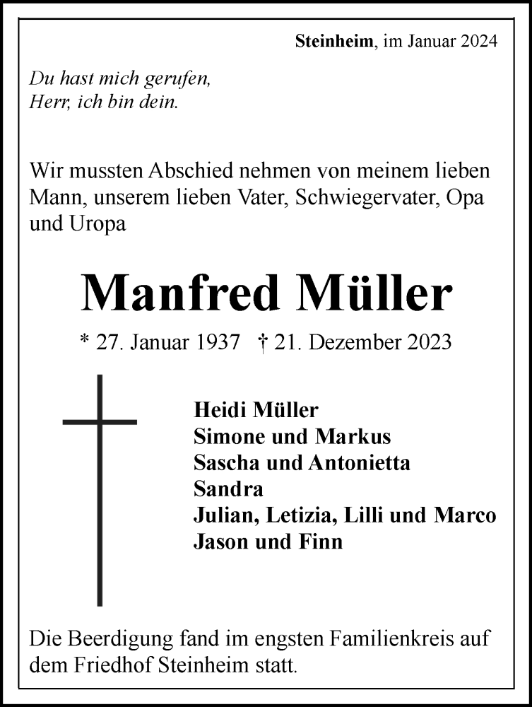  Traueranzeige für Manfred Müller vom 08.01.2024 aus Marbacher Zeitung