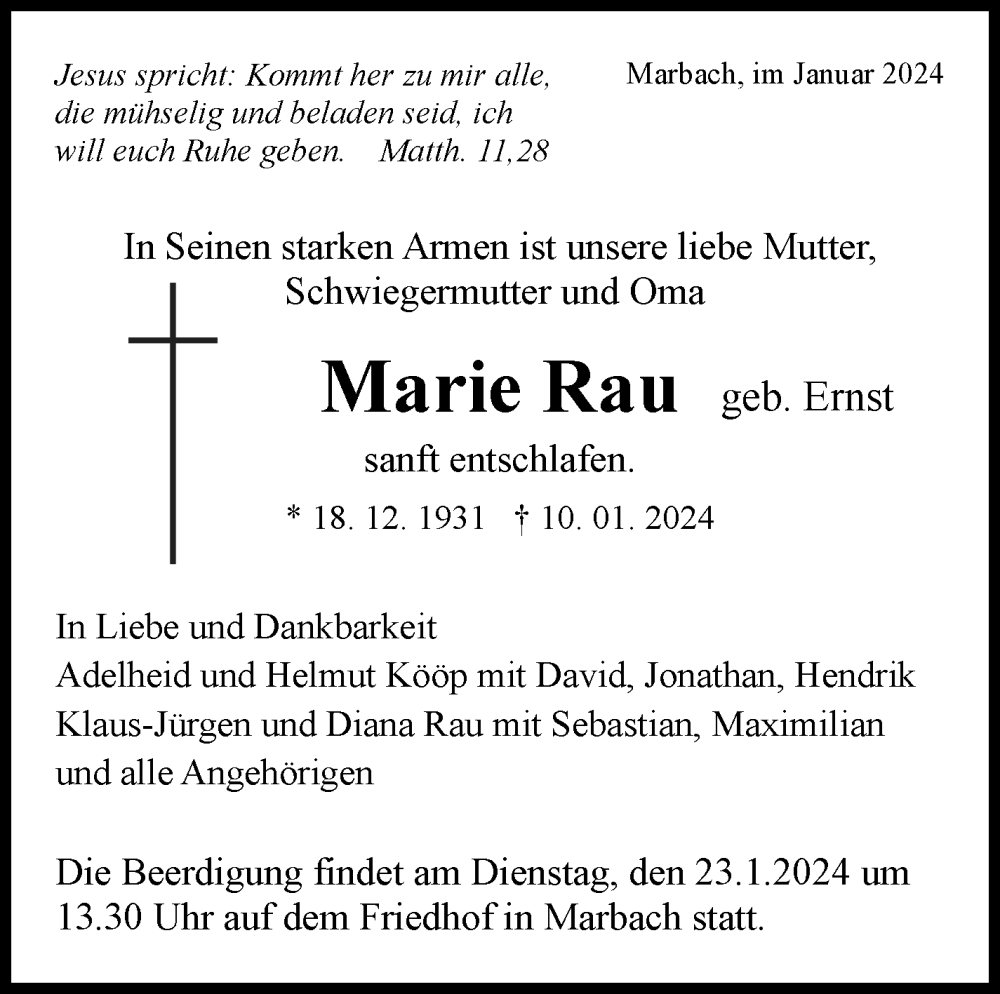  Traueranzeige für Marie Rau vom 17.01.2024 aus Marbacher Zeitung