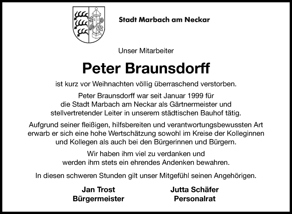  Traueranzeige für Peter Braunsdorff vom 19.01.2024 aus Marbacher Zeitung