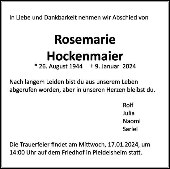 Traueranzeige von Rosemarie Hockenmaier von Marbacher Zeitung
