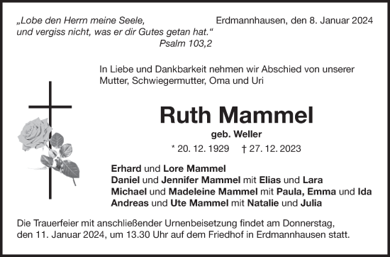 Traueranzeige von Ruth Mammel von Marbacher Zeitung