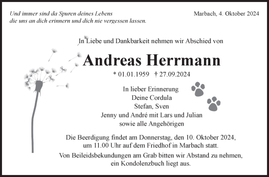 Traueranzeige von Andreas Herrmann von Marbacher Zeitung