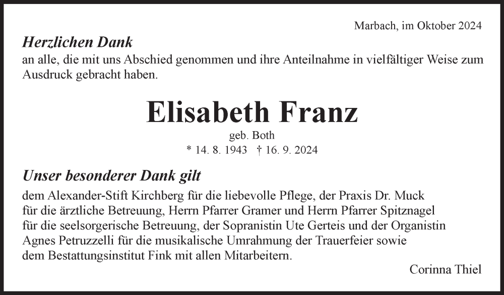  Traueranzeige für Elisabeth Franz vom 11.10.2024 aus Marbacher Zeitung