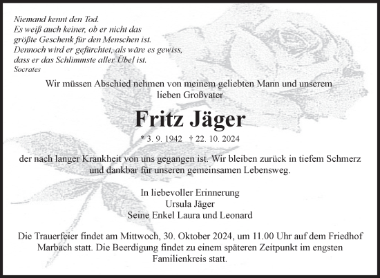 Traueranzeige von Fritz Jäger von Marbacher Zeitung