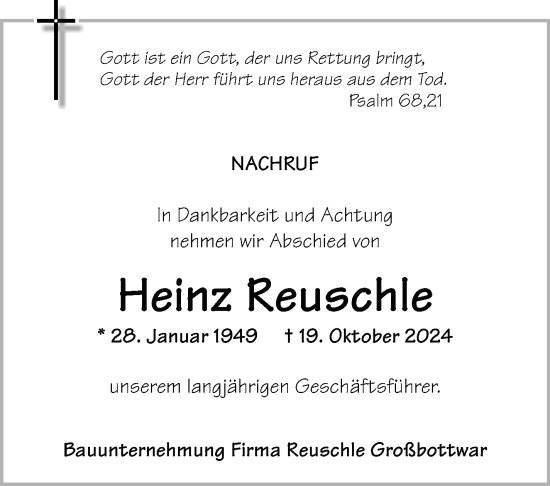 Traueranzeige von Heinz Reuschle von Marbacher Zeitung