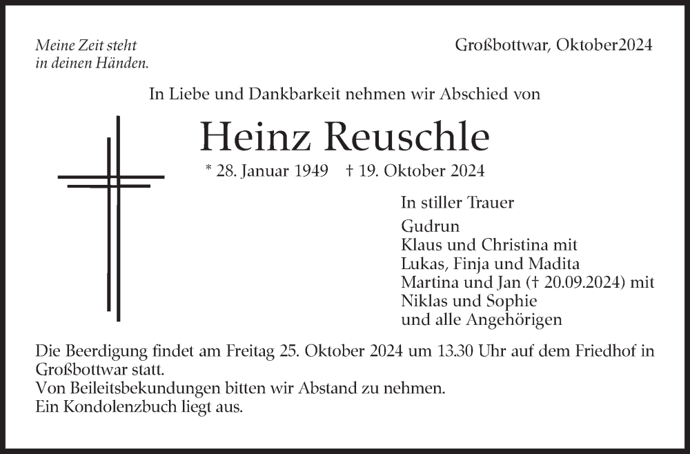  Traueranzeige für Heinz Reuschle vom 23.10.2024 aus Marbacher Zeitung