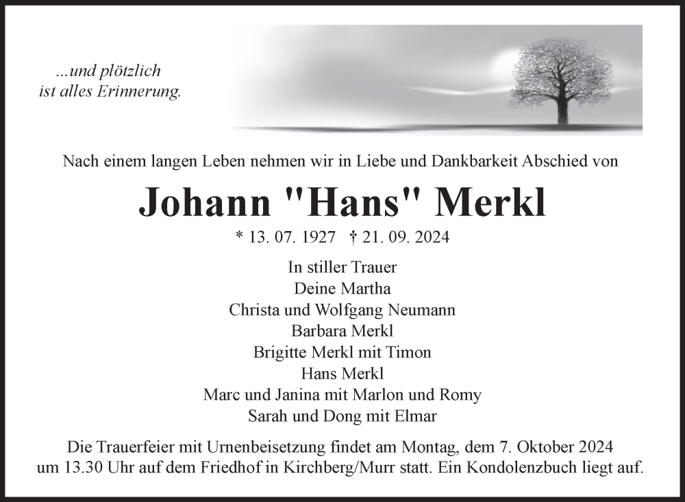  Traueranzeige für Johann Merkl vom 01.10.2024 aus Marbacher Zeitung