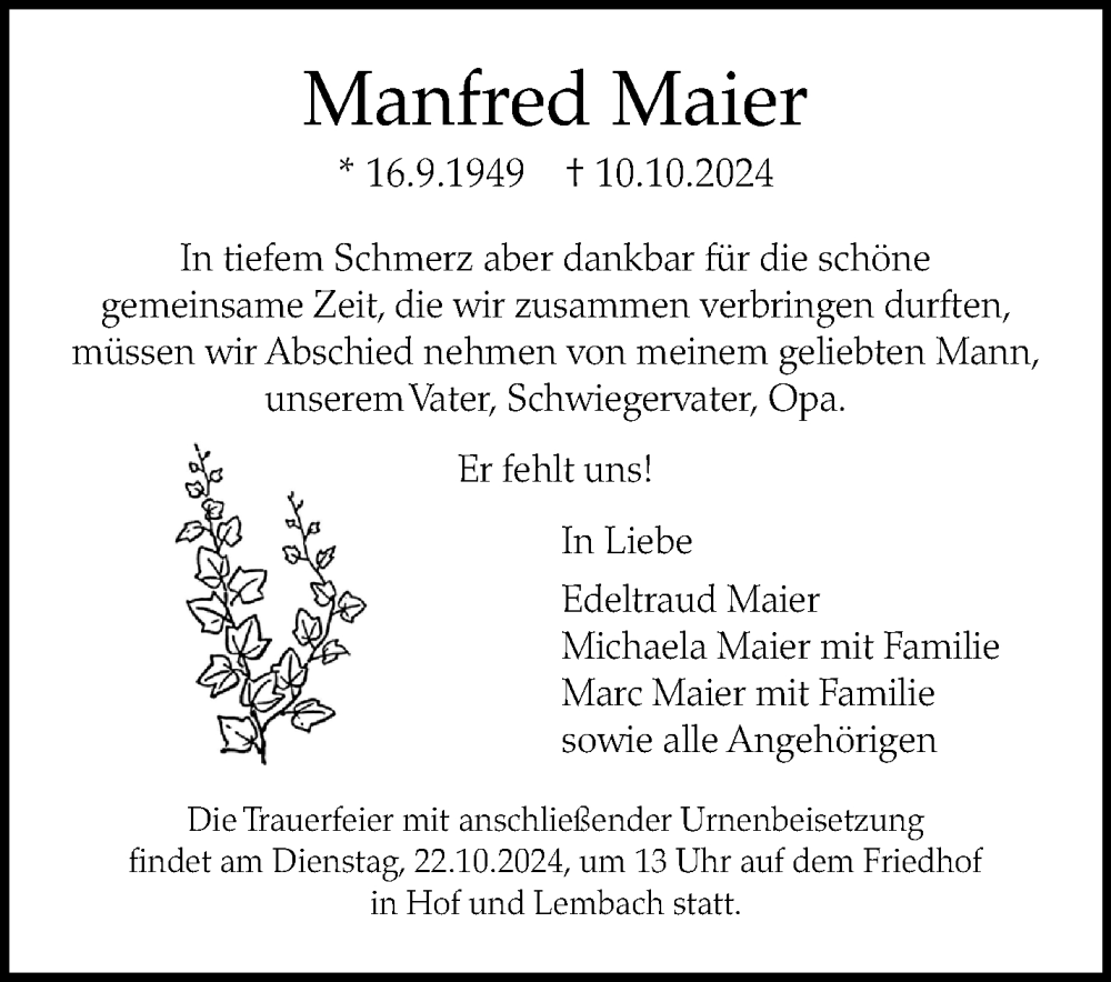  Traueranzeige für Manfred Maier vom 21.10.2024 aus Marbacher Zeitung