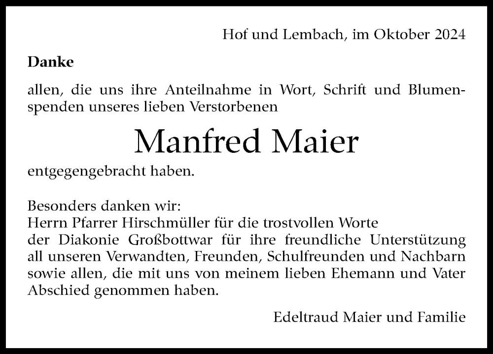  Traueranzeige für Manfred Maier vom 30.10.2024 aus Marbacher Zeitung