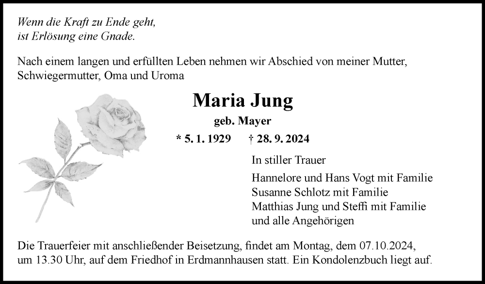  Traueranzeige für Maria Jung vom 02.10.2024 aus Marbacher Zeitung